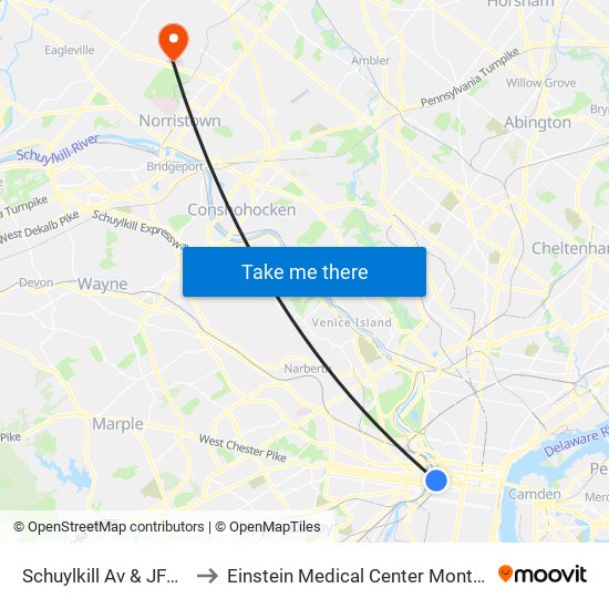 Schuylkill Av & JFK Blvd to Einstein Medical Center Montgomery map