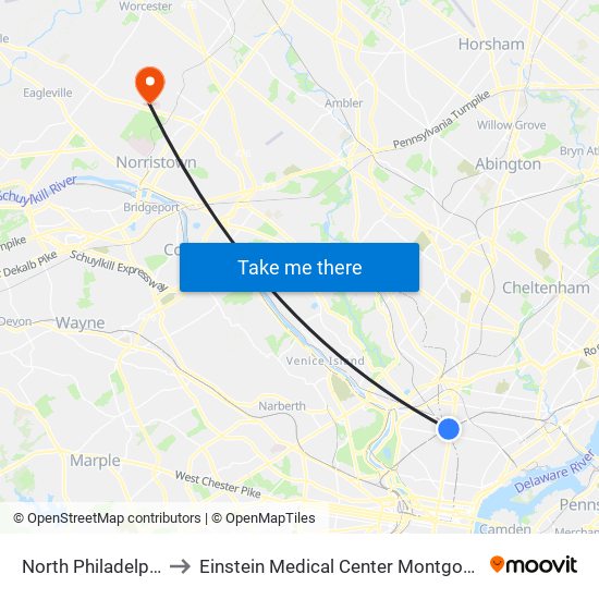 North Philadelphia to Einstein Medical Center Montgomery map
