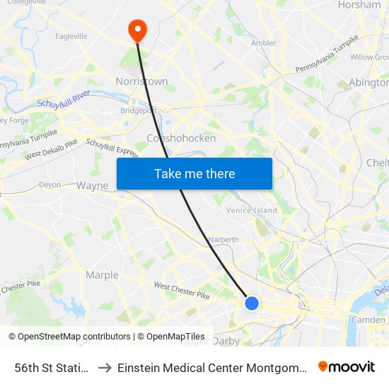 56th St Station to Einstein Medical Center Montgomery map