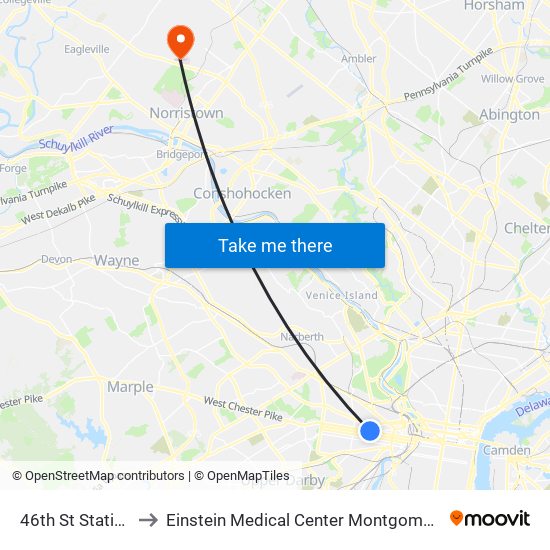 46th St Station to Einstein Medical Center Montgomery map
