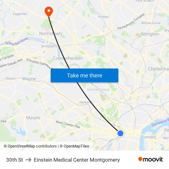 30th St to Einstein Medical Center Montgomery map