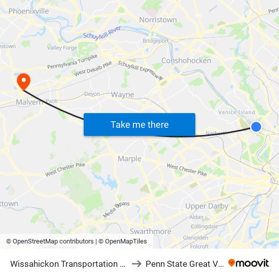 Wissahickon Transportation Center to Penn State Great Valley map