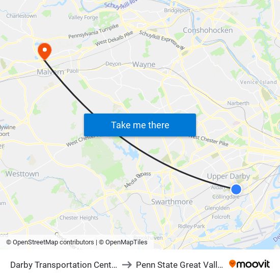 Darby Transportation Center to Penn State Great Valley map