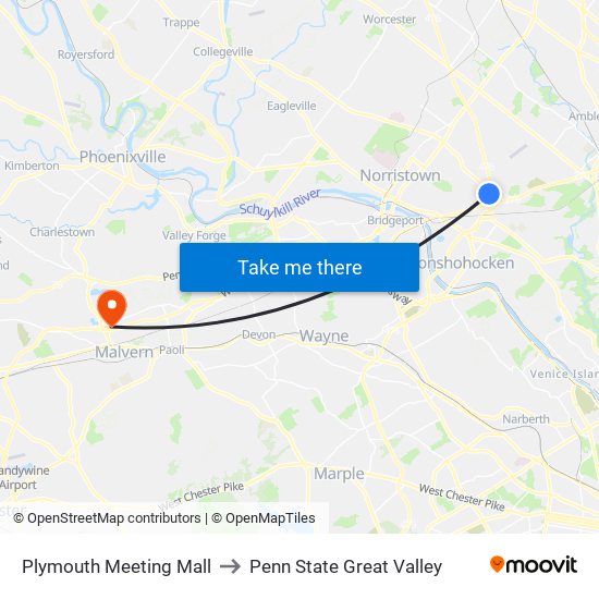 Plymouth Meeting Mall to Penn State Great Valley map