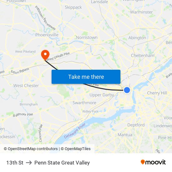 13th St to Penn State Great Valley map