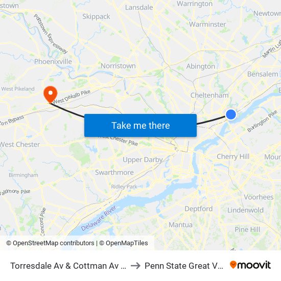 Torresdale Av & Cottman Av Loop to Penn State Great Valley map