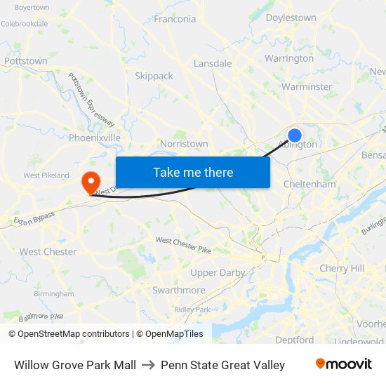 Willow Grove Park Mall to Penn State Great Valley map