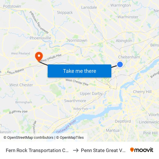 Fern Rock Transportation Center to Penn State Great Valley map