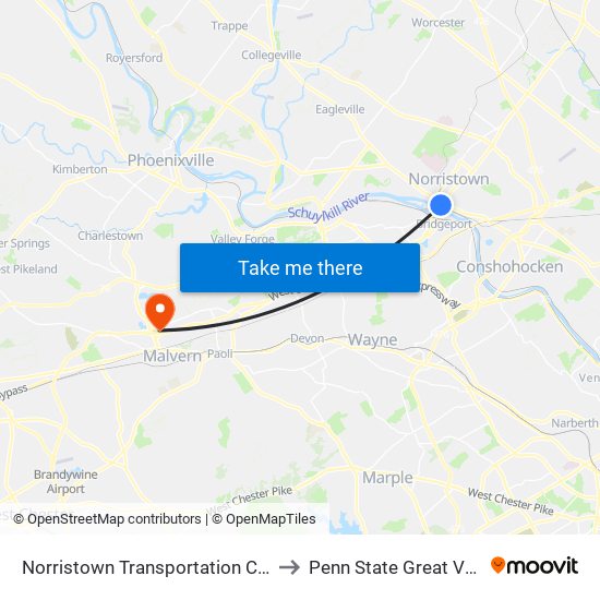 Norristown Transportation Center to Penn State Great Valley map