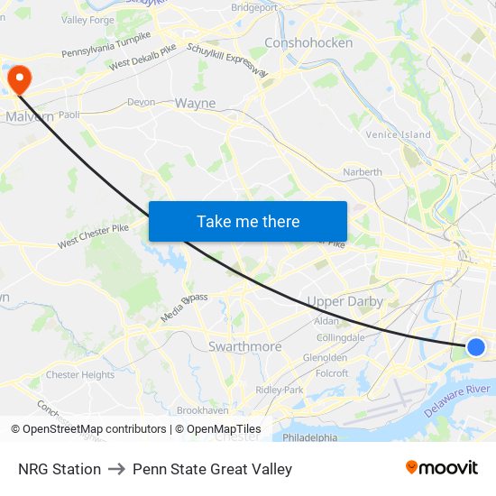 NRG Station to Penn State Great Valley map
