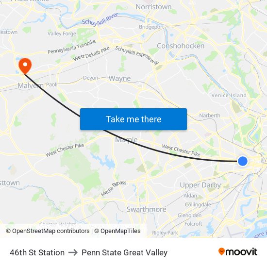 46th St Station to Penn State Great Valley map