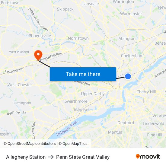 Allegheny Station to Penn State Great Valley map