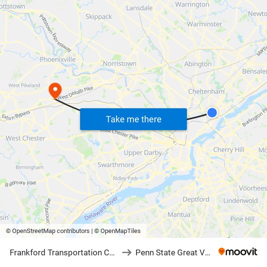 Frankford Transportation Center to Penn State Great Valley map