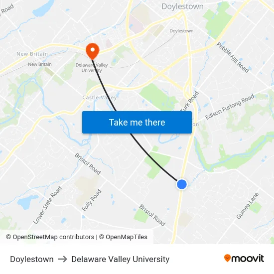 Doylestown to Delaware Valley University map