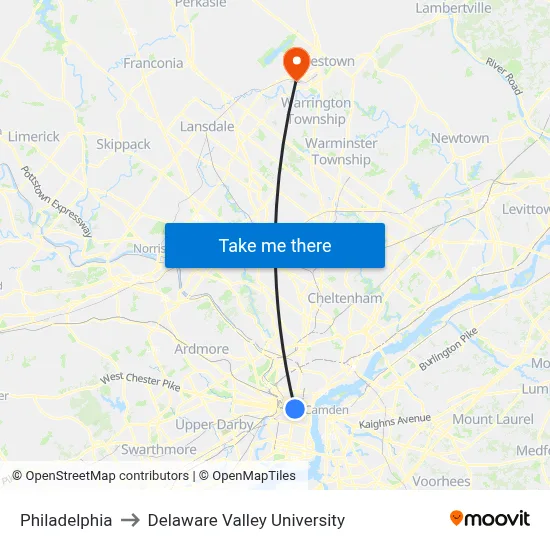 Philadelphia to Delaware Valley University map