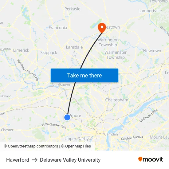 Haverford to Delaware Valley University map