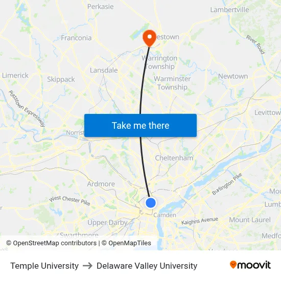 Temple University to Delaware Valley University map