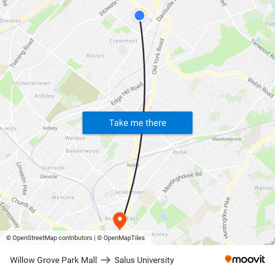 Willow Grove Park Mall to Salus University map