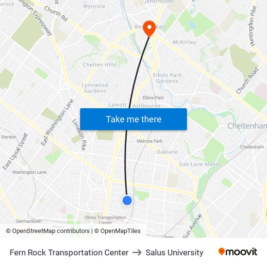 Fern Rock Transportation Center to Salus University map