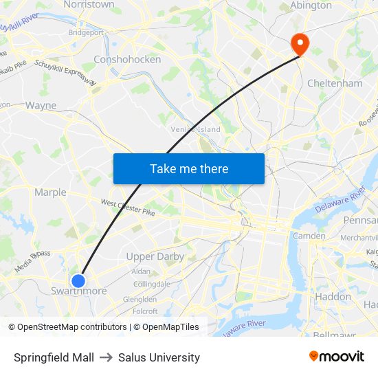 Springfield Mall to Salus University map