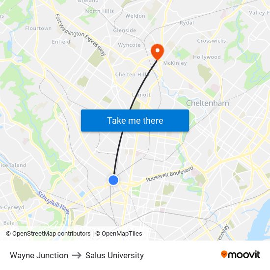 Wayne Junction to Salus University map