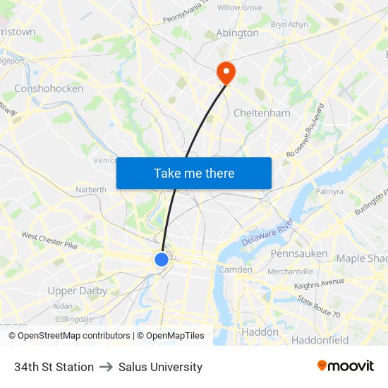 34th St Station to Salus University map