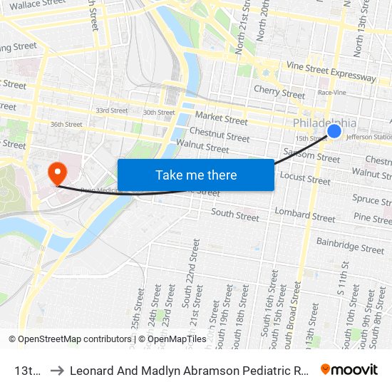 13th St to Leonard And Madlyn Abramson Pediatric Research Center map