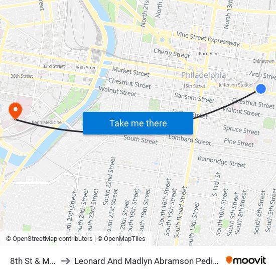 8th St & Market St to Leonard And Madlyn Abramson Pediatric Research Center map