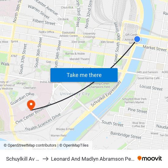 Schuylkill Av & JFK Blvd to Leonard And Madlyn Abramson Pediatric Research Center map