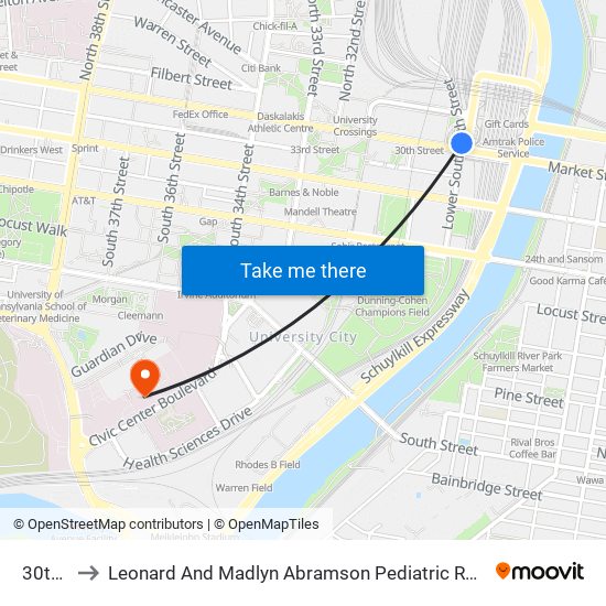 30th St to Leonard And Madlyn Abramson Pediatric Research Center map