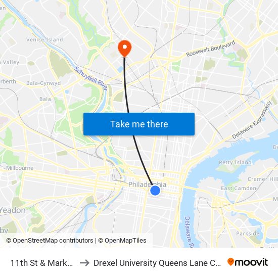 11th St & Market St to Drexel University Queens Lane Campus map