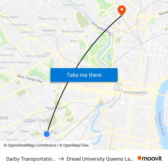 Darby Transportation Center to Drexel University Queens Lane Campus map