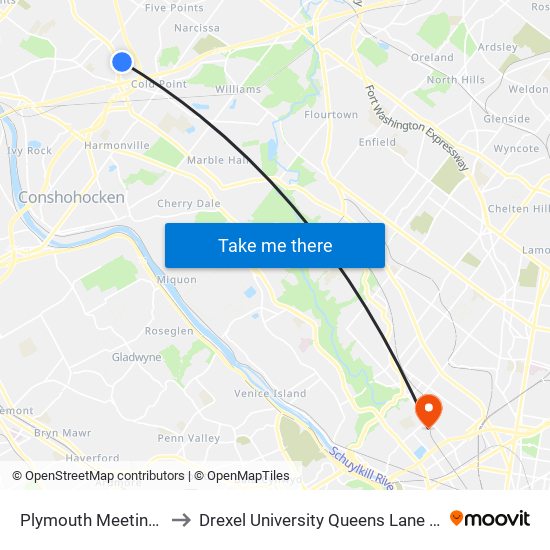 Plymouth Meeting Mall to Drexel University Queens Lane Campus map