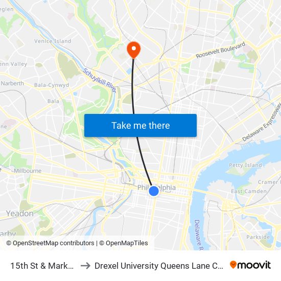 15th St & Market St to Drexel University Queens Lane Campus map