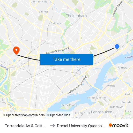 Torresdale Av & Cottman Av Loop to Drexel University Queens Lane Campus map