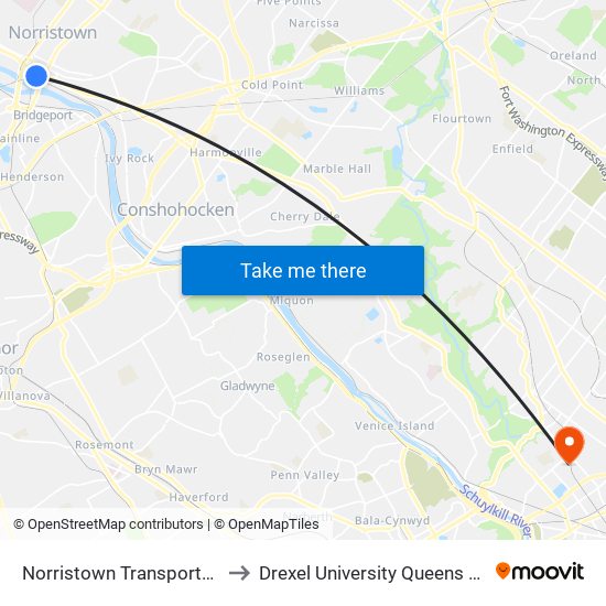 Norristown Transportation Center to Drexel University Queens Lane Campus map