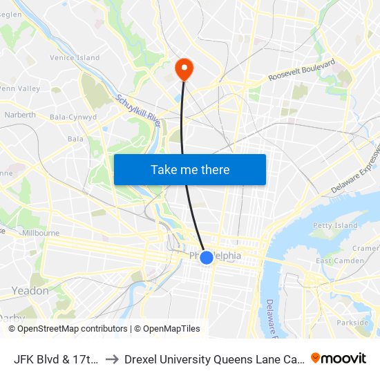 JFK Blvd & 17th St to Drexel University Queens Lane Campus map
