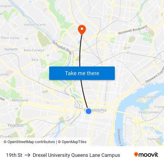 19th St to Drexel University Queens Lane Campus map