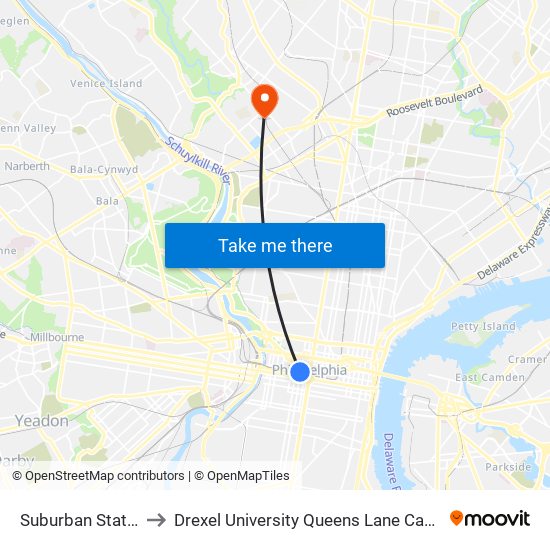 Suburban Station to Drexel University Queens Lane Campus map