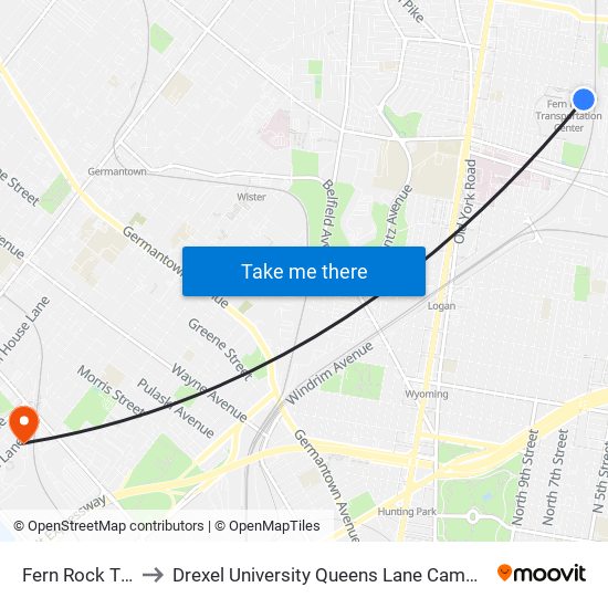 Fern Rock T C to Drexel University Queens Lane Campus map