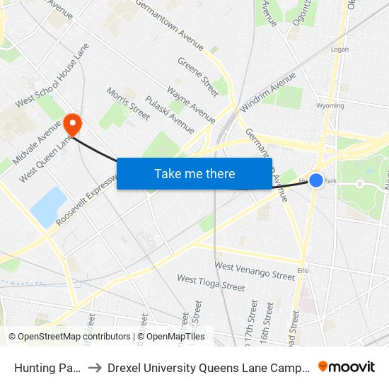 Hunting Park to Drexel University Queens Lane Campus map