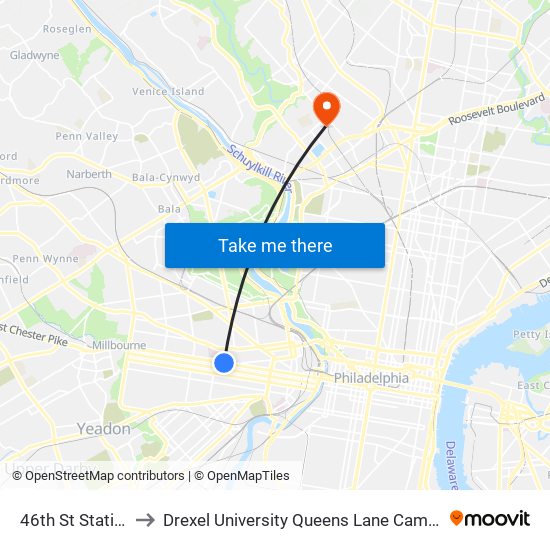 46th St Station to Drexel University Queens Lane Campus map