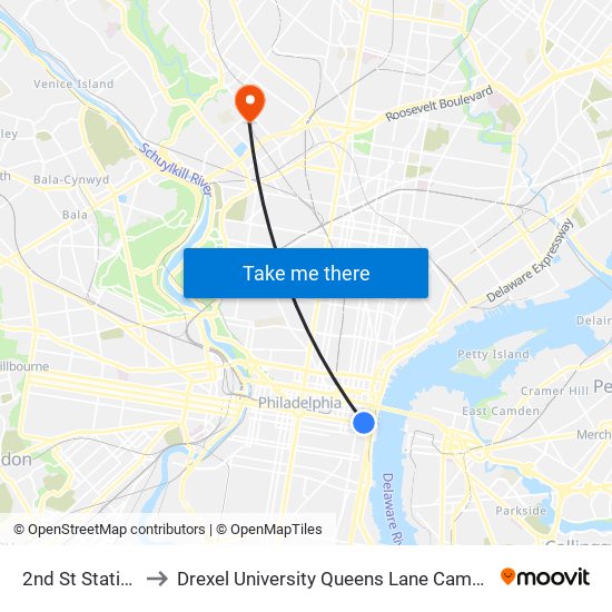 2nd St Station to Drexel University Queens Lane Campus map