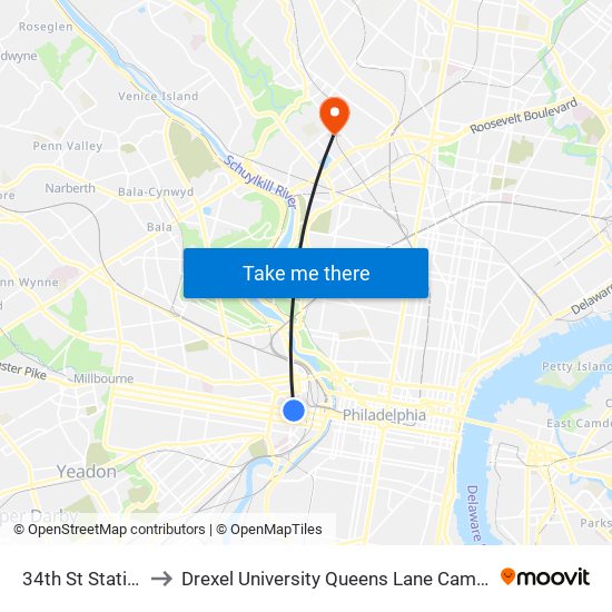 34th St Station to Drexel University Queens Lane Campus map