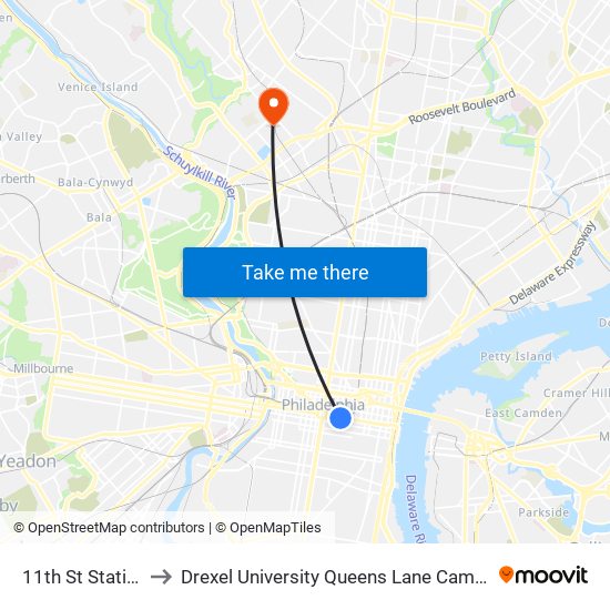11th St Station to Drexel University Queens Lane Campus map
