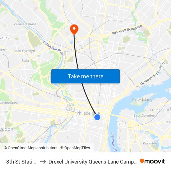 8th St Station to Drexel University Queens Lane Campus map