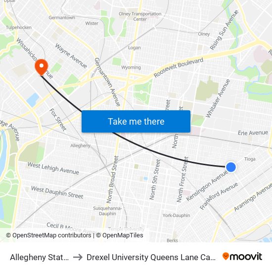 Allegheny Station to Drexel University Queens Lane Campus map