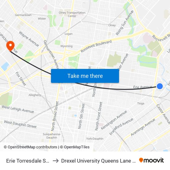 Erie Torresdale Station to Drexel University Queens Lane Campus map