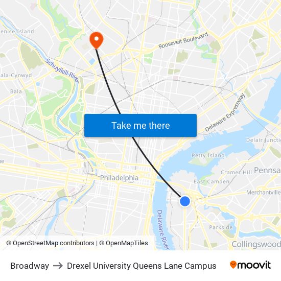 Broadway to Drexel University Queens Lane Campus map
