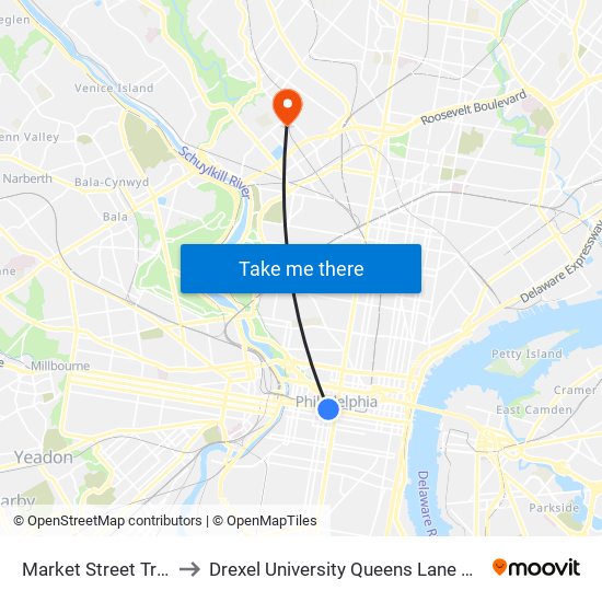 Market Street Trolley to Drexel University Queens Lane Campus map
